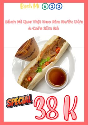 Bánh mì que heo rim nước dừa cafe sữa đá